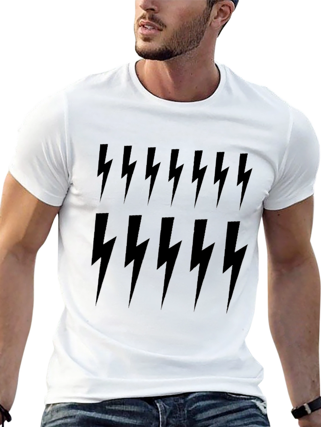Lightning Bolt Print Tee - Black Cotton Casual