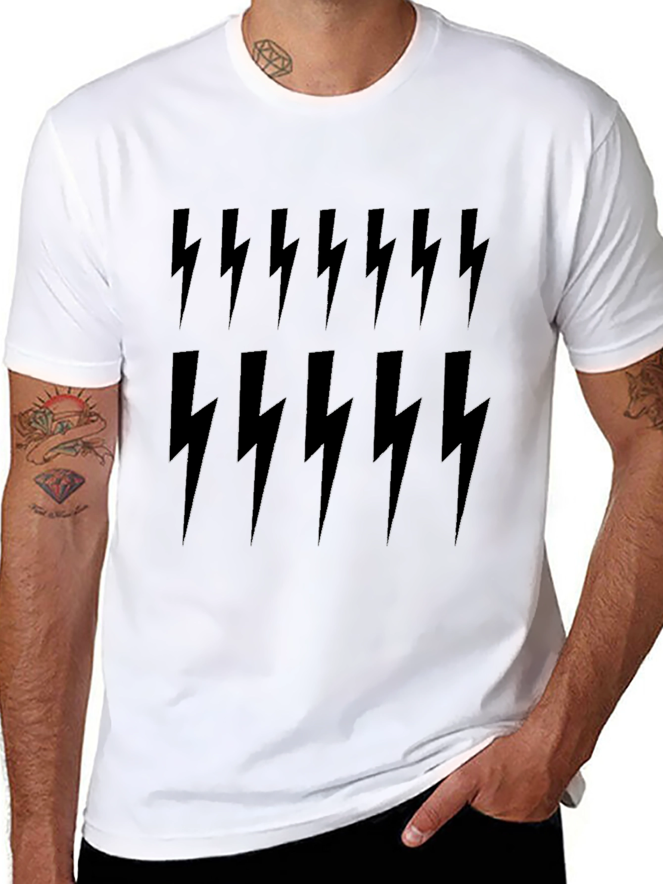 Lightning Bolt Print Tee - Black Cotton Casual