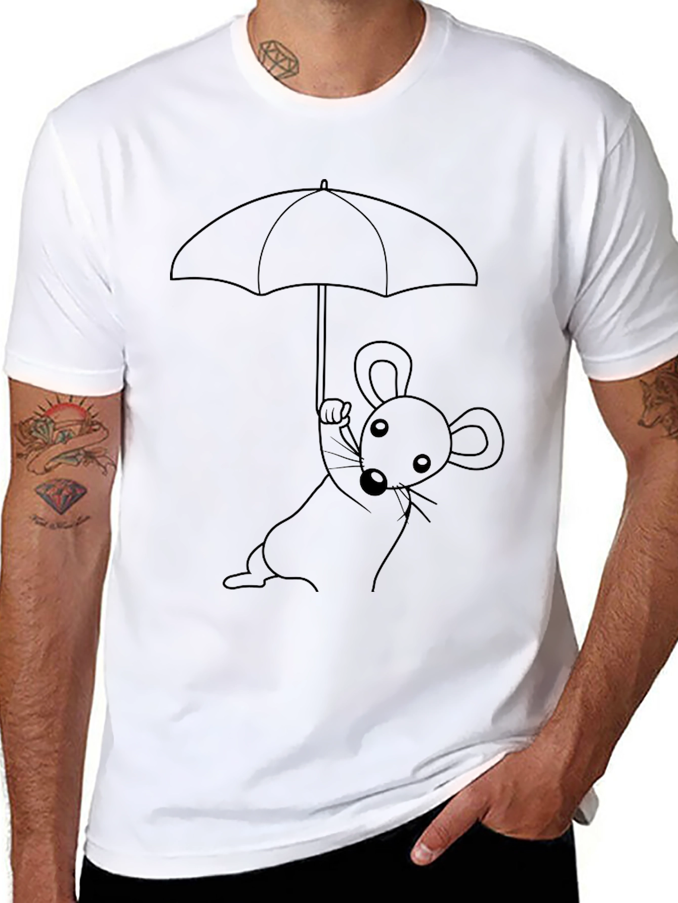 Whimsical Mouse Under Umbrella Graphic T-Shirt