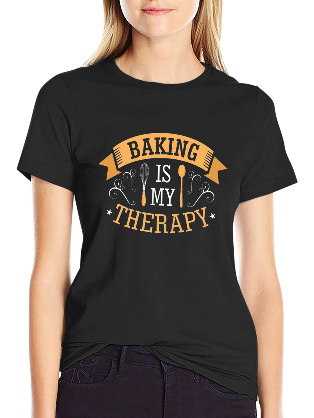 Baking is My Therapy Black Cotton T-Shirt
