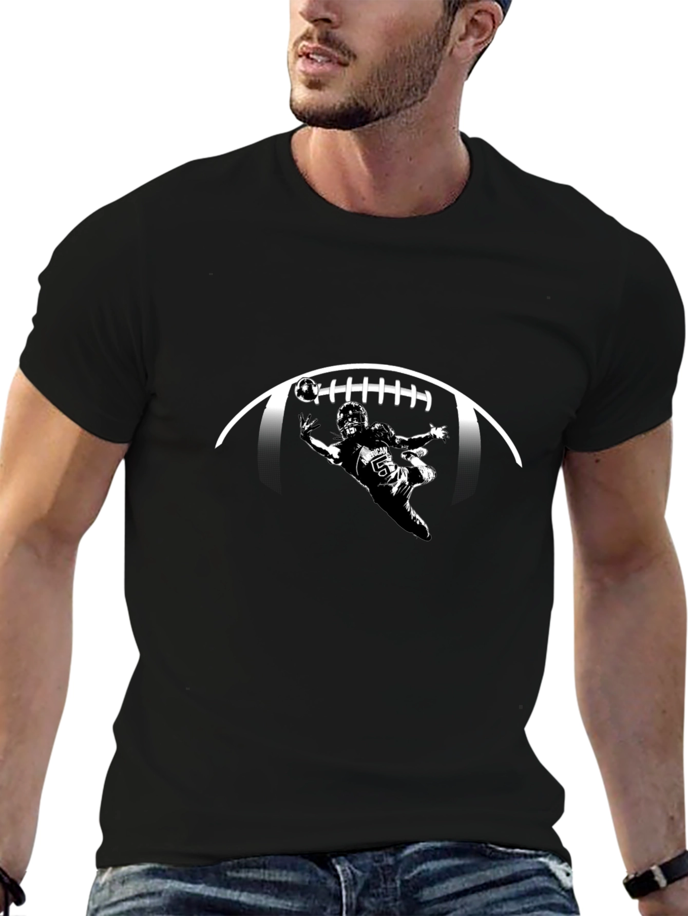 Football Player Graphic Print Black T-Shirt