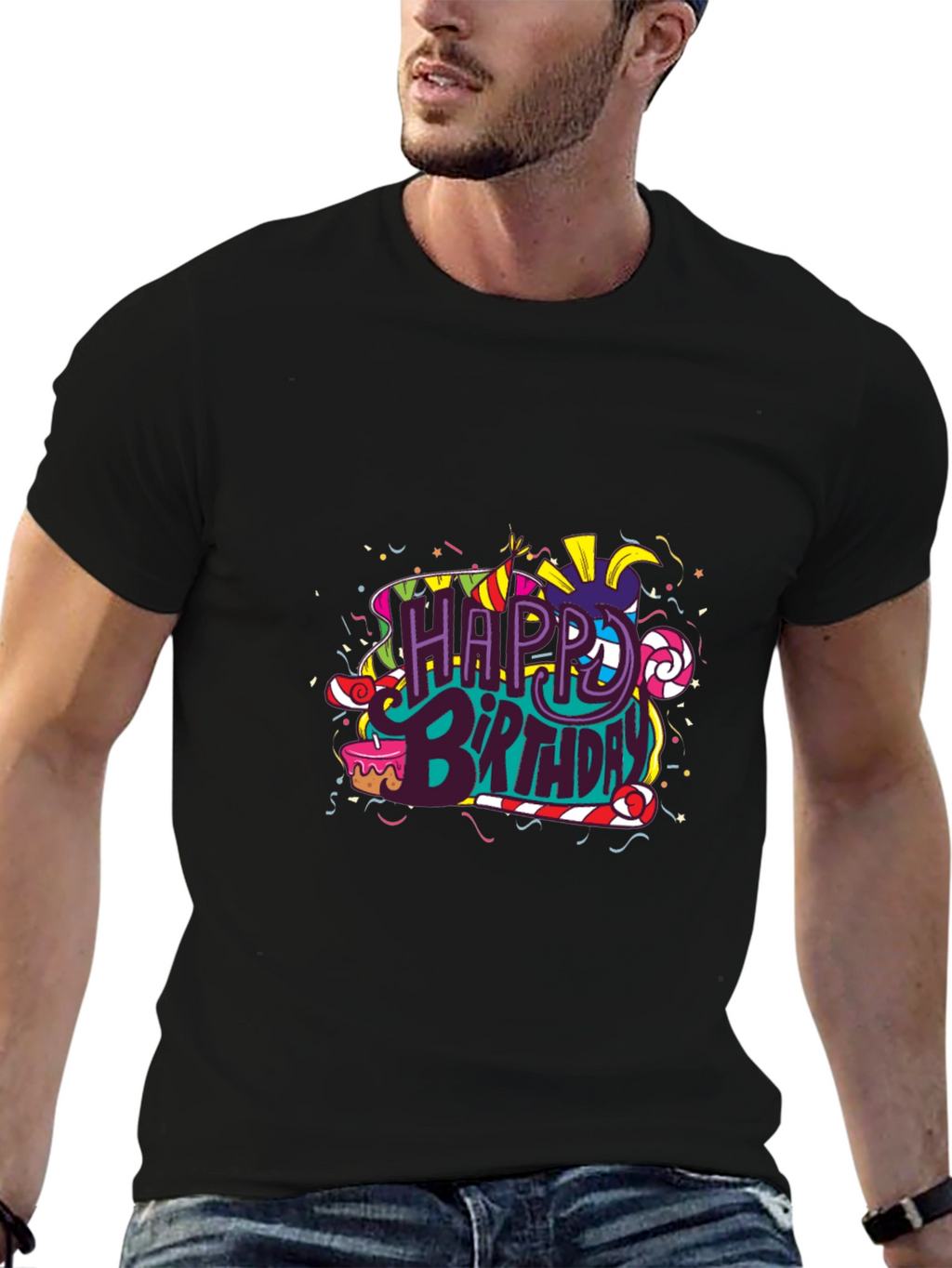 Happy Birthday Graphic Print Black T-Shirt