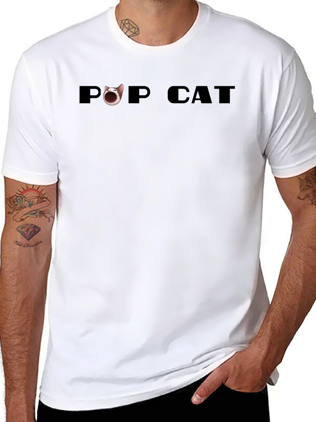 Pop Cat Graphic Tee - Black Cotton Casual Shirt