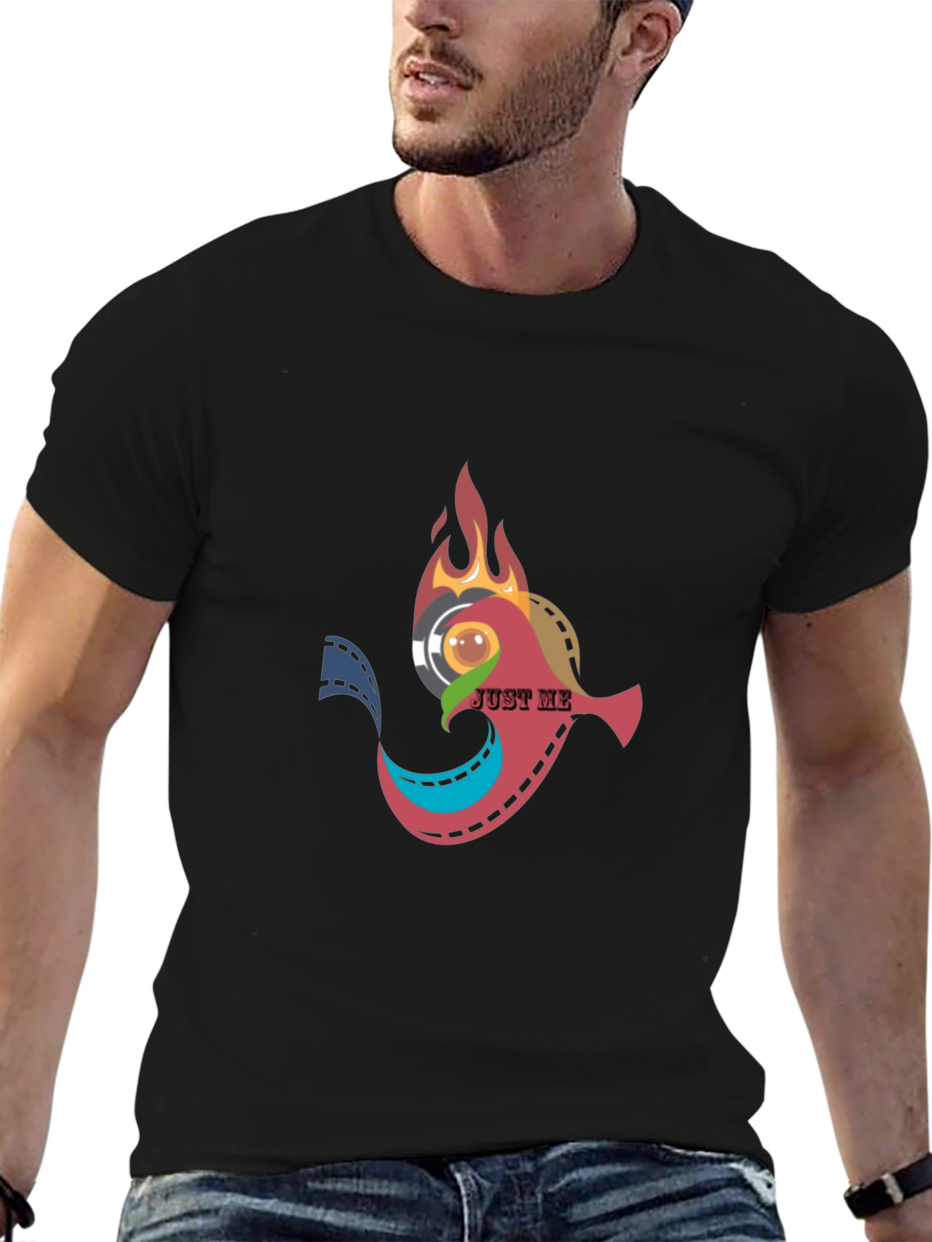 Artsy Black T-Shirt: Film & Flames Design