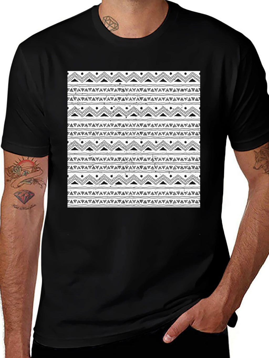 Black Tee with Tribal Pattern