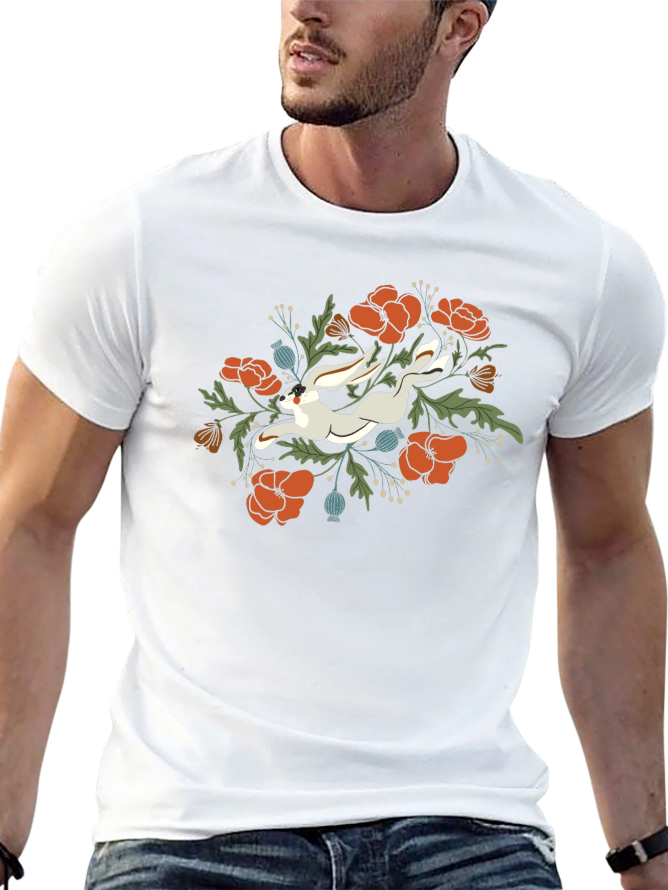 Floral Rabbit Graphic Tee - Unisex Black T-Shirt