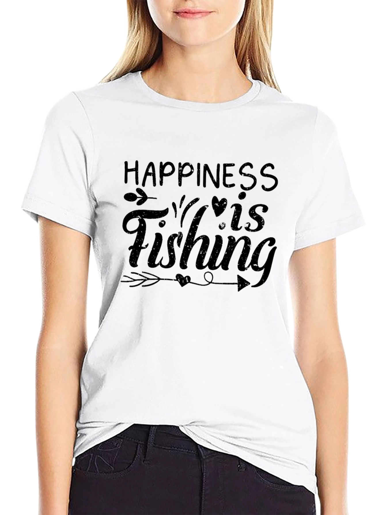Happiness is Fishing Black Graphic T-Shirt