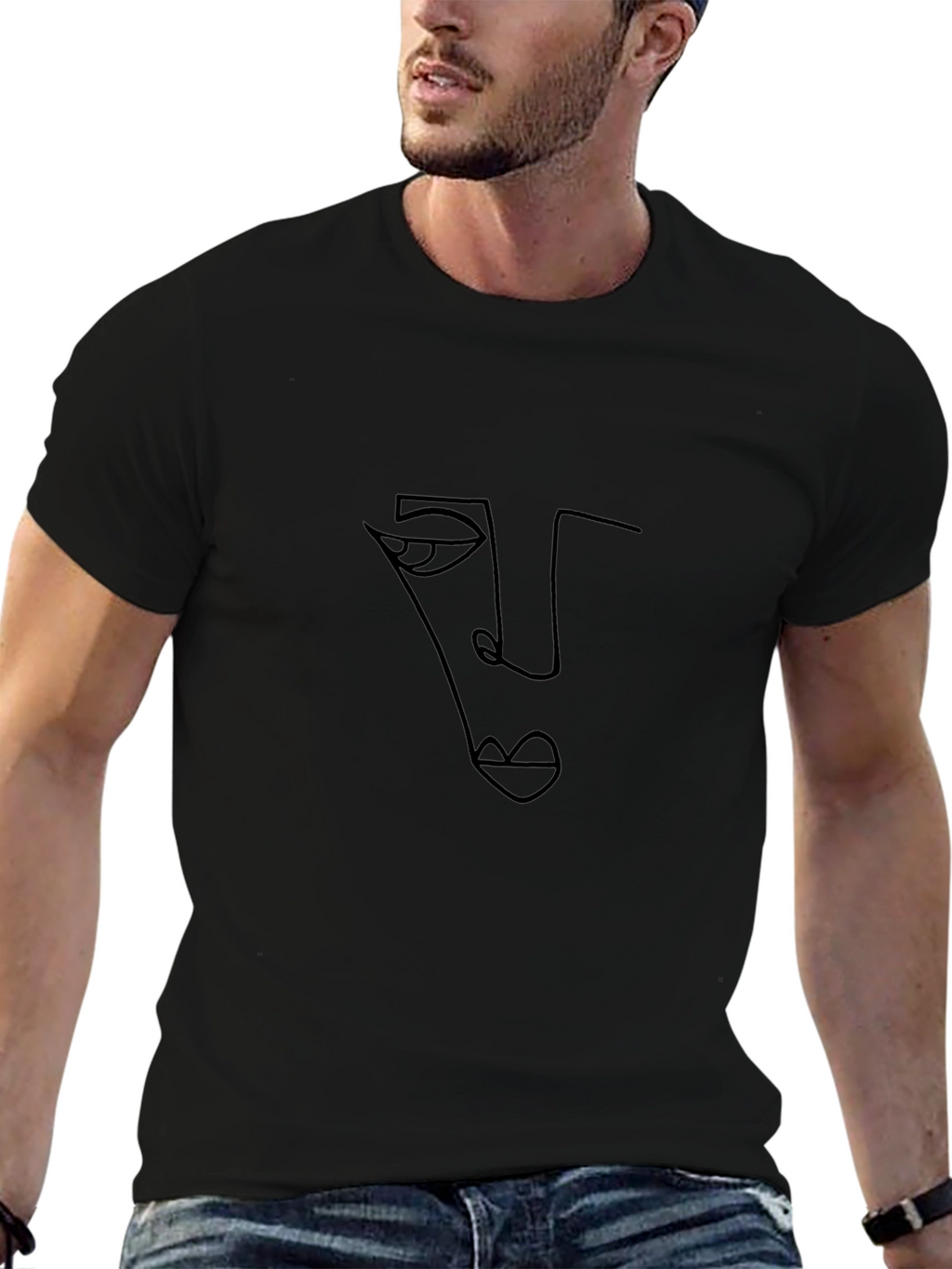 Abstract Face Line Art Black T-Shirt