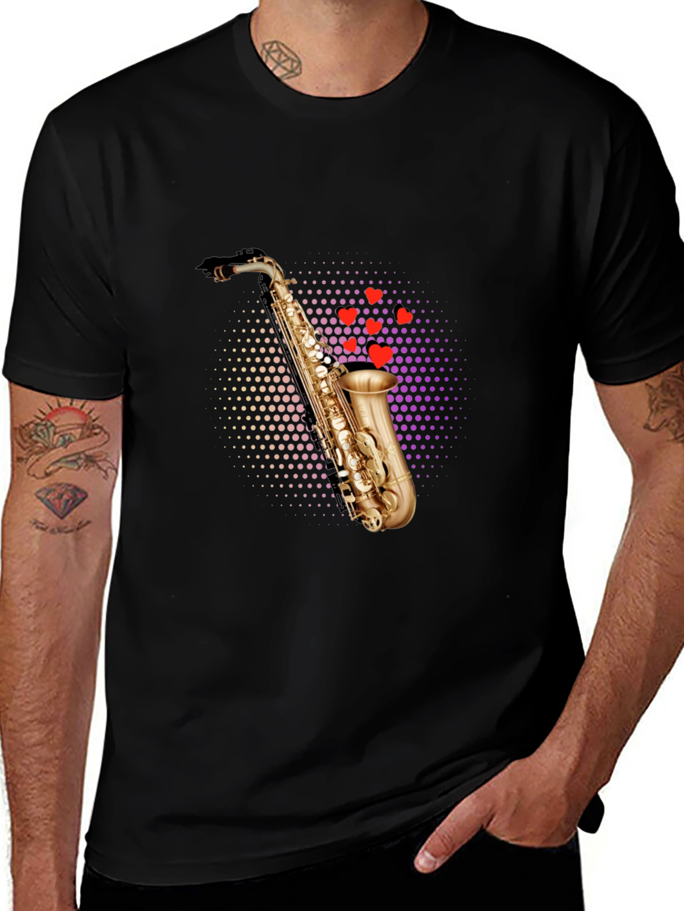 Saxophone Heartbeat Black T-Shirt - Music Lovers Tee