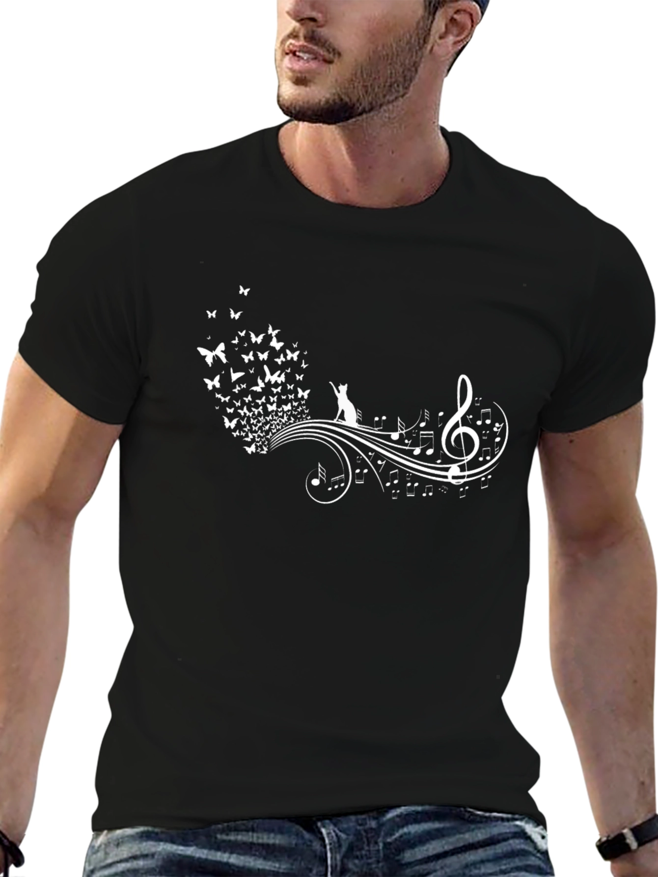 Cat Butterfly Music T-Shirt - Unique Graphic Tee