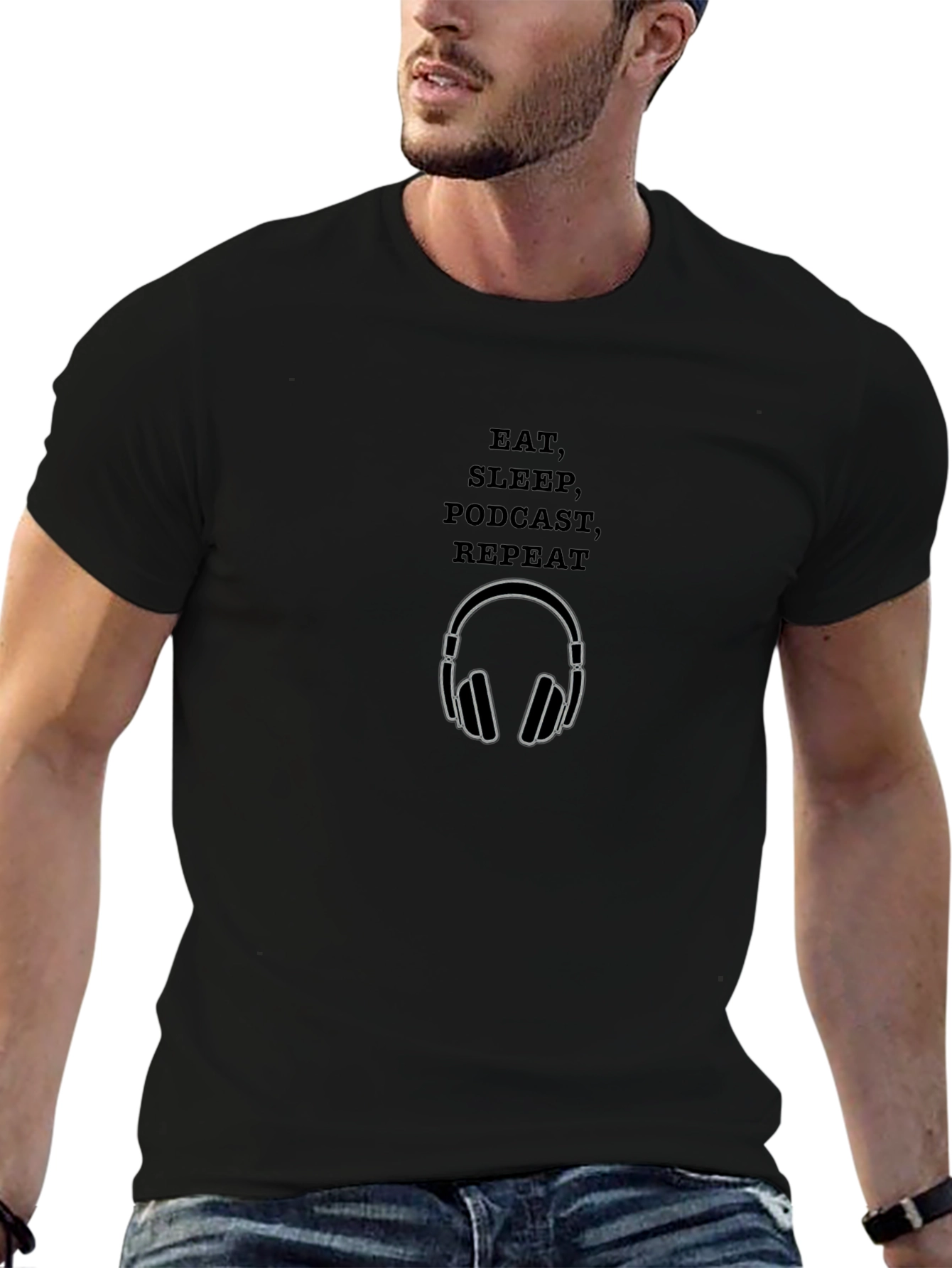 Eat Sleep Podcast Repeat Black Graphic T-Shirt