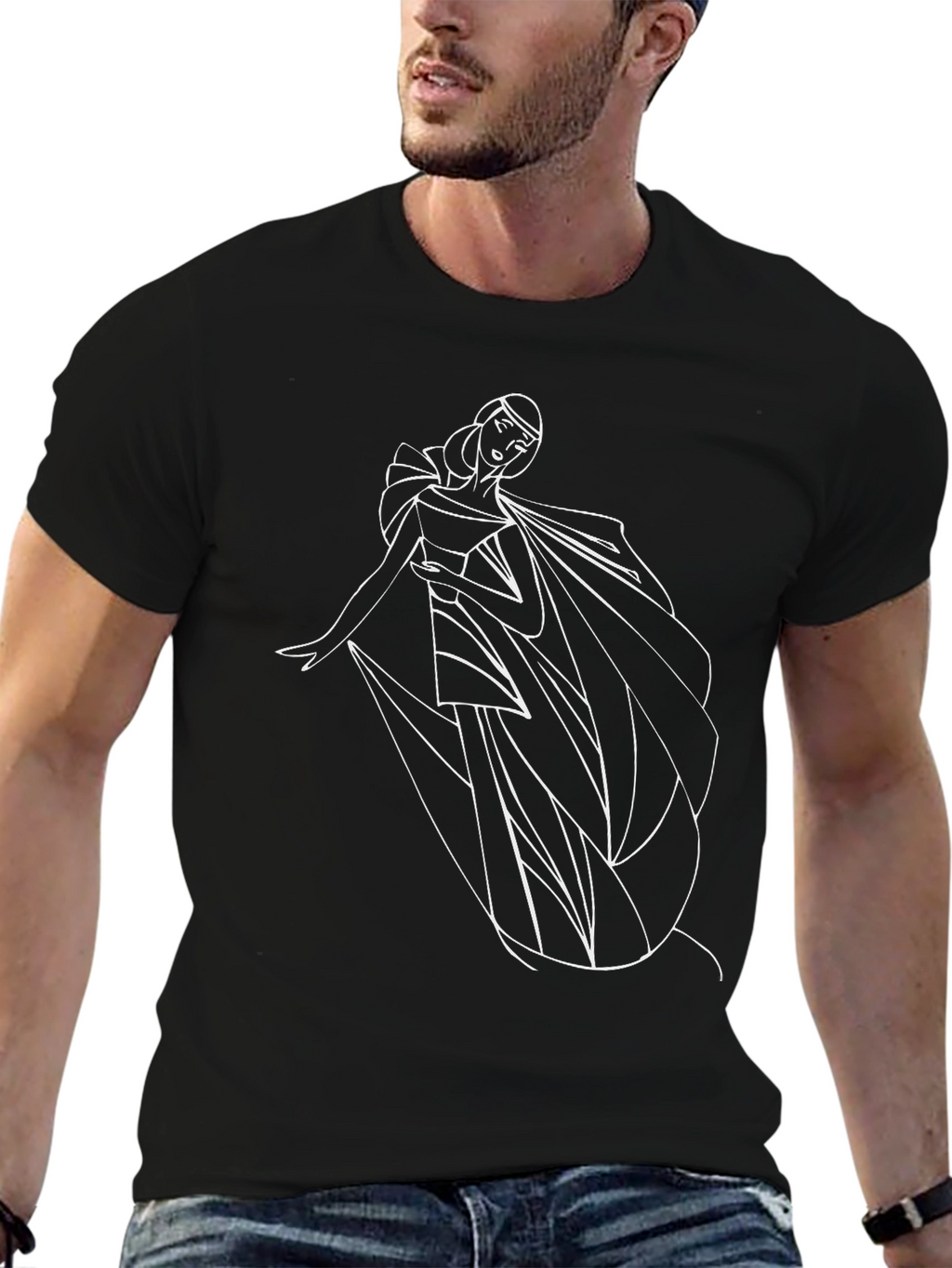 Elegant Woman Line Art Black T-Shirt