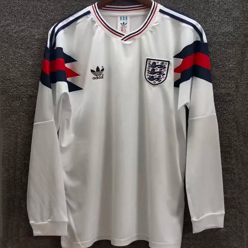 1990 England White Retro Long Sleeve Soccer Jersey Front
