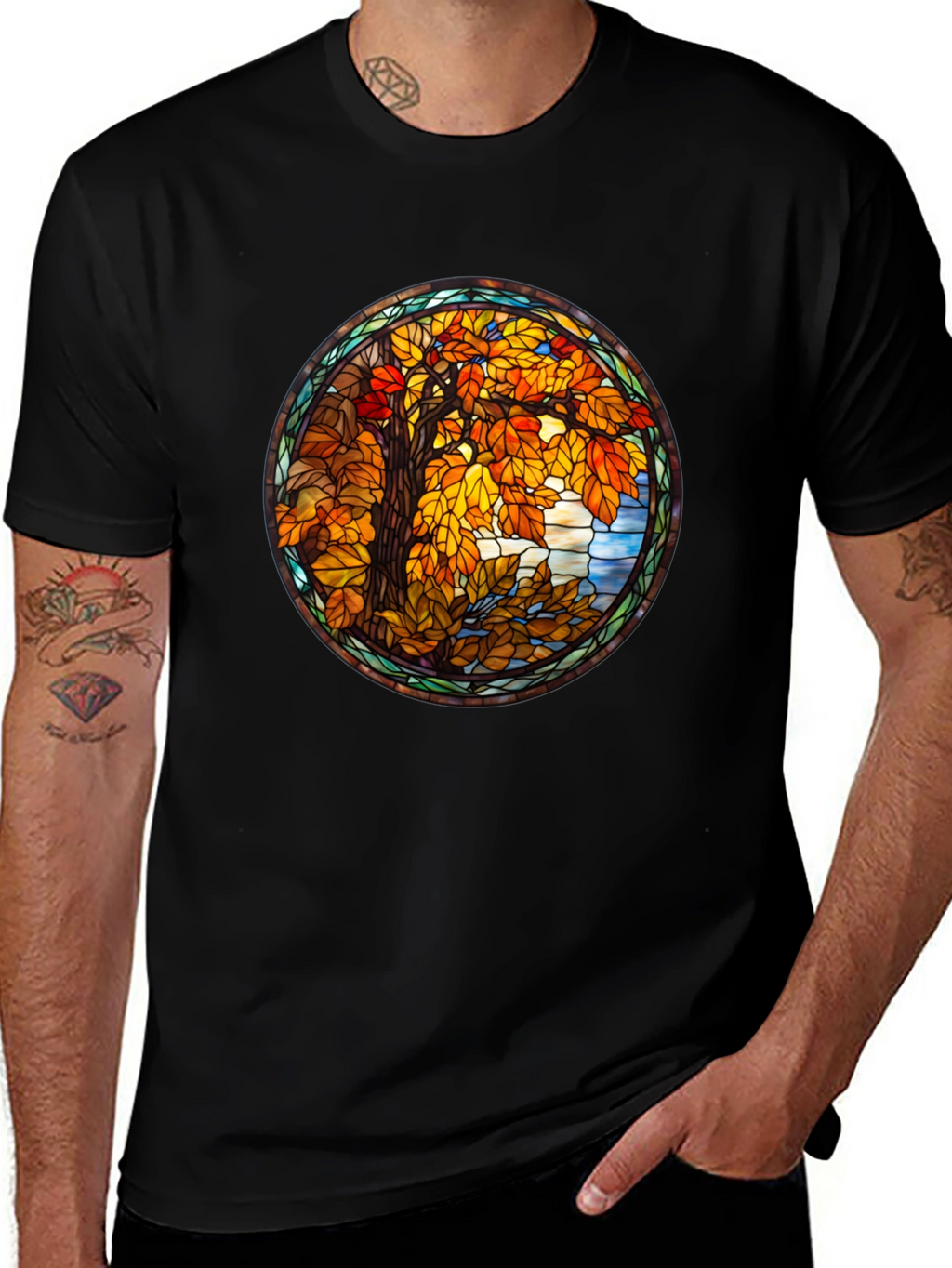 Autumn Tree Stained Glass Graphic Tee - Black