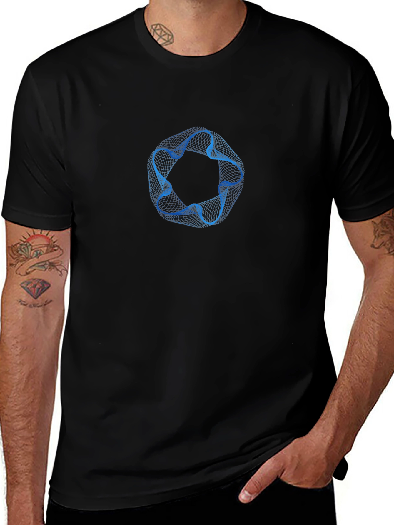 Abstract Blue Ring Graphic Mens Black T-Shirt