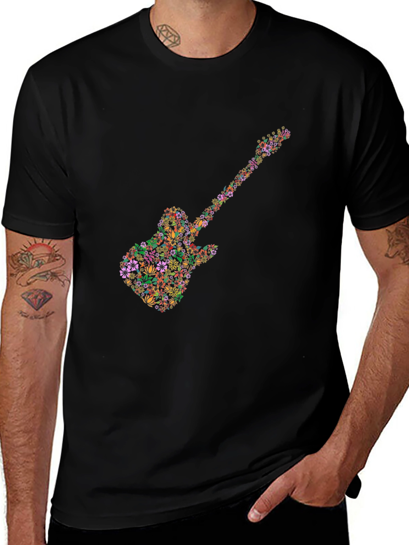 Floral Guitar Graphic Tee - Black Cotton T-Shirt