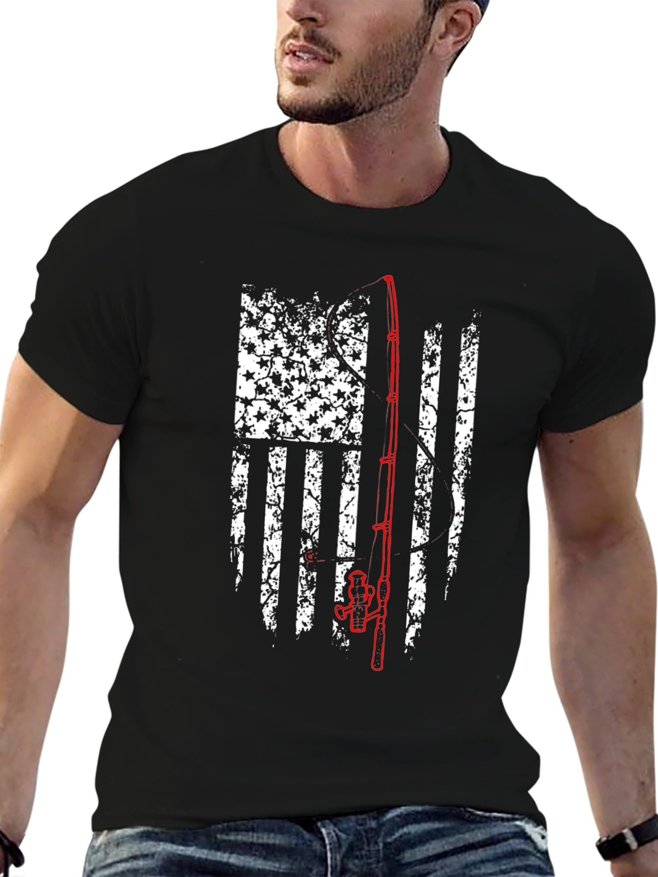 Fishing Rod American Flag Graphic T-Shirt