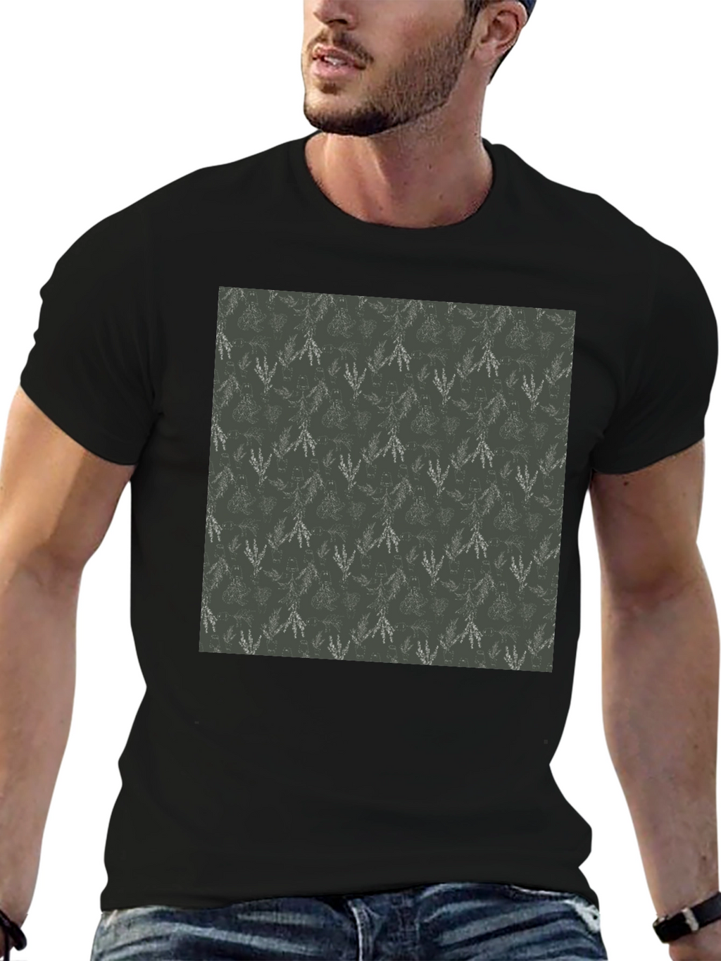 Trendy Black Tee with Leaf Pattern