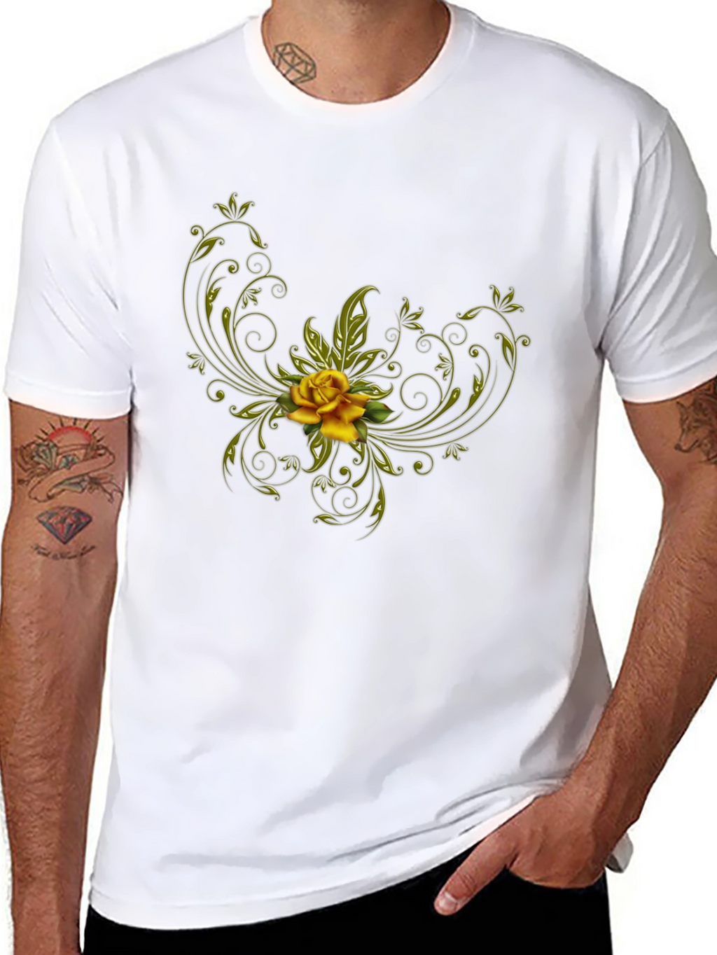 Black T-Shirt with Floral Yellow Rose Design