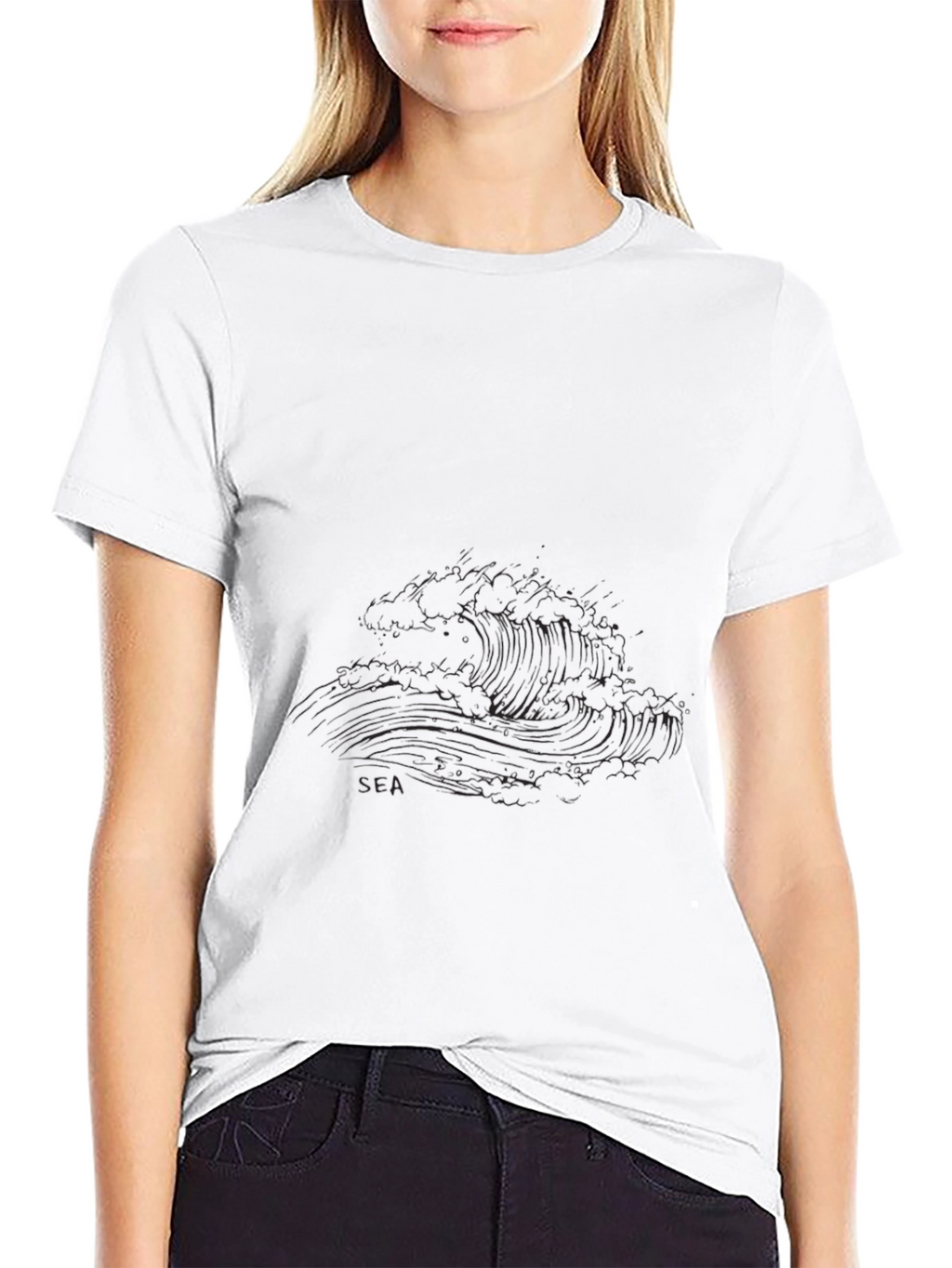 Black Graphic Tee - Sea Wave Design