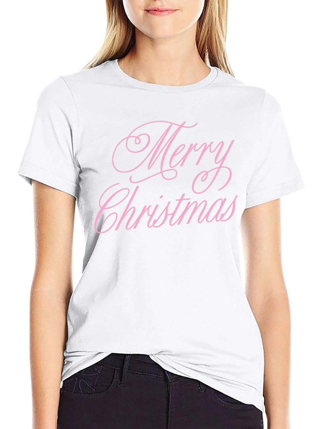 Merry Christmas Pink Script Black T-Shirt