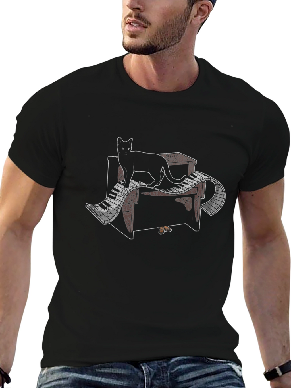 Cat Piano T-Shirt - Black Music Lover Tee