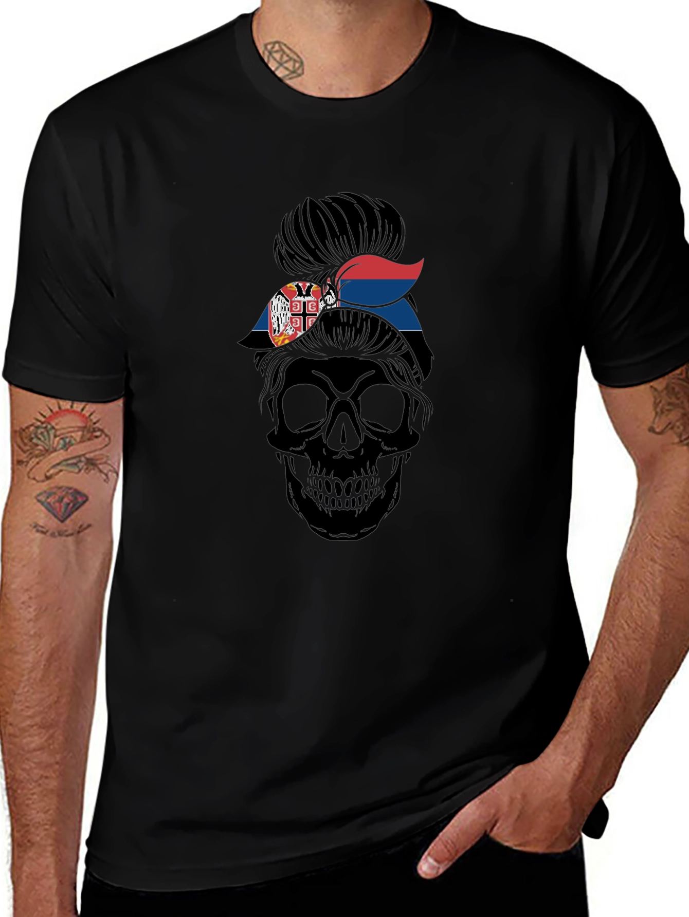 Skull Messy Bun Serbia Flag T-Shirt