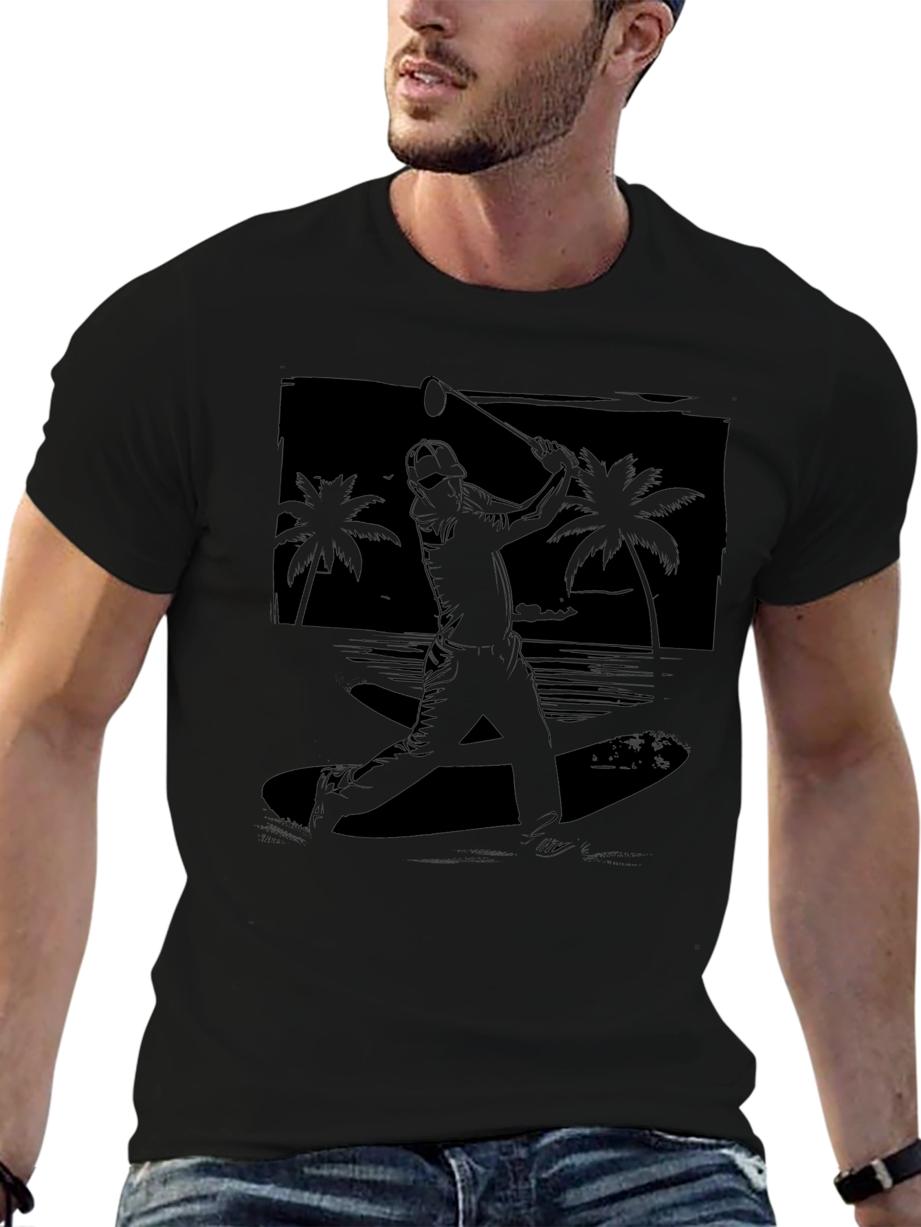 Beach Baseball Graphic Tee - Black Cotton T-Shirt