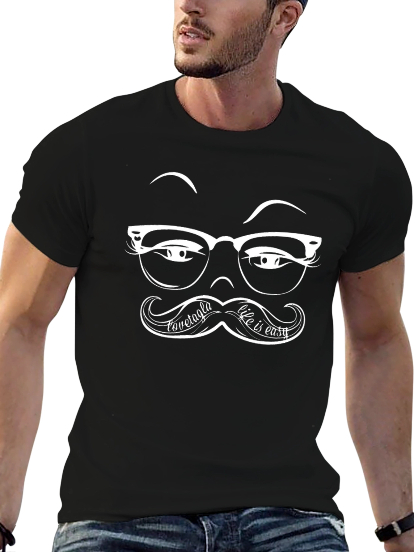 Funny Moustache Glasses Graphic Black T-Shirt