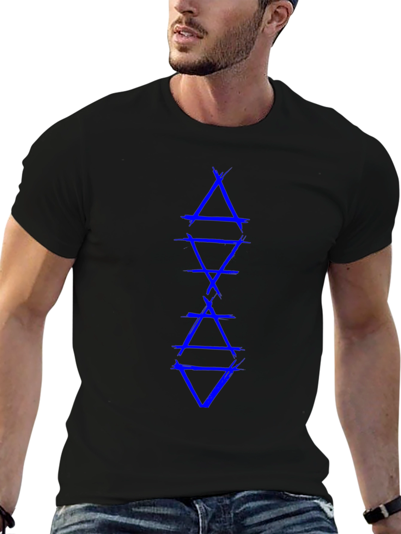 Geometric Triangle Graphic Tee - Blue Design on Black