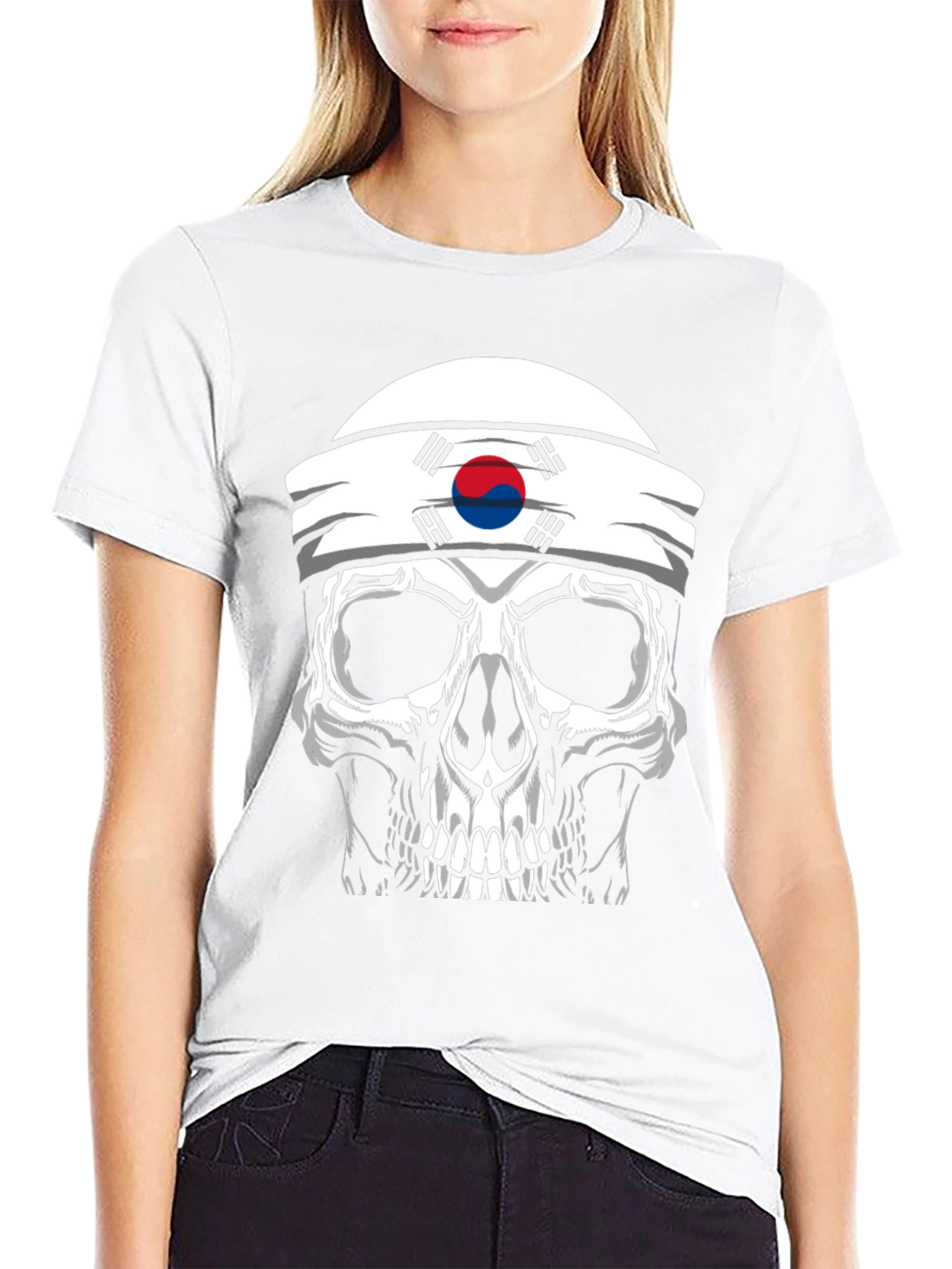 Skull Korea Flag Headband Mens Black T-Shirt