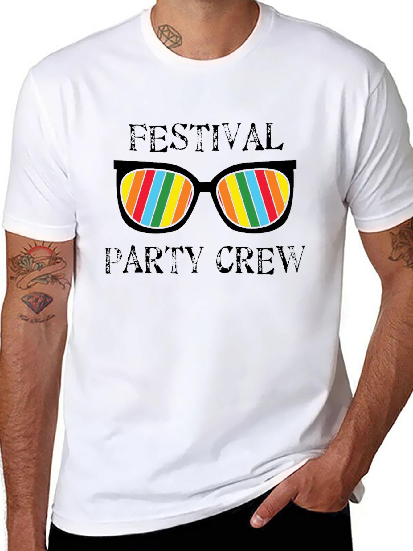 Festival Party Crew T-Shirt - Fun Rainbow Sunglasses Design