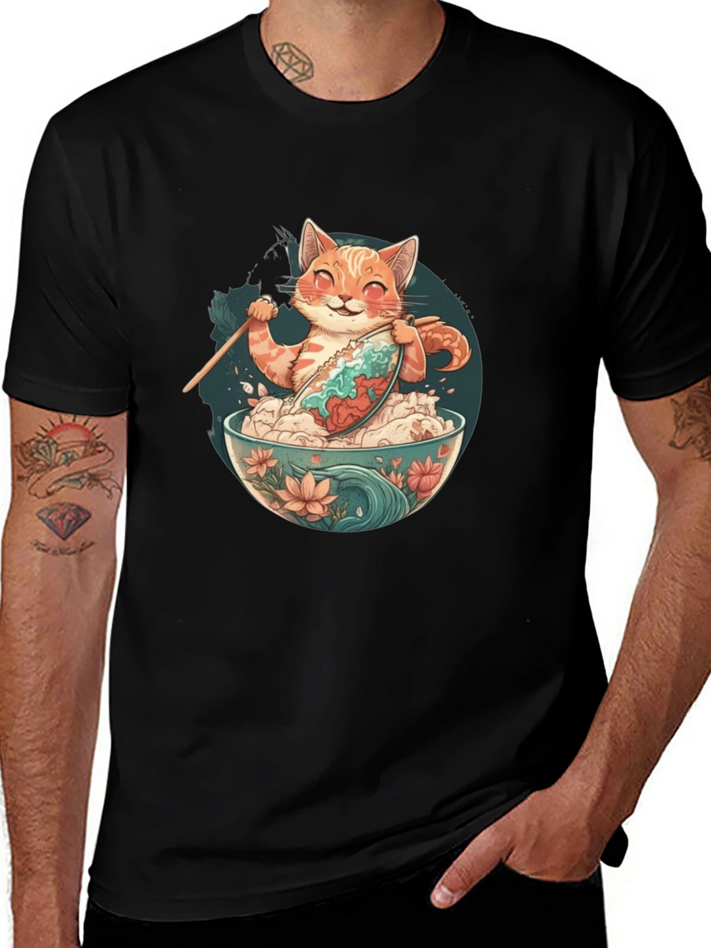Cat Ramen Bowl Black T-Shirt