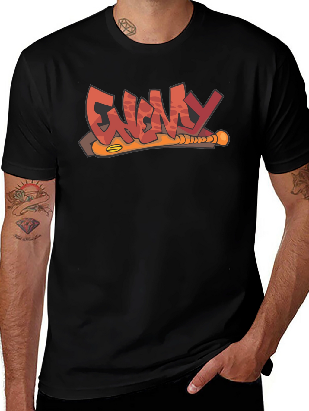 Enemy T-Shirt Black Graphic Novelty Baseball Bat Tee