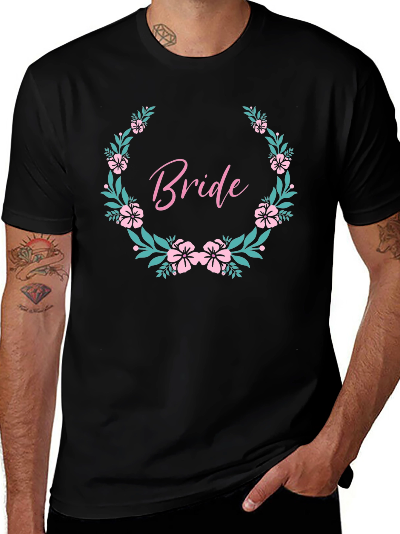 Bride Floral Wreath Black T-Shirt - Wedding Party Tee