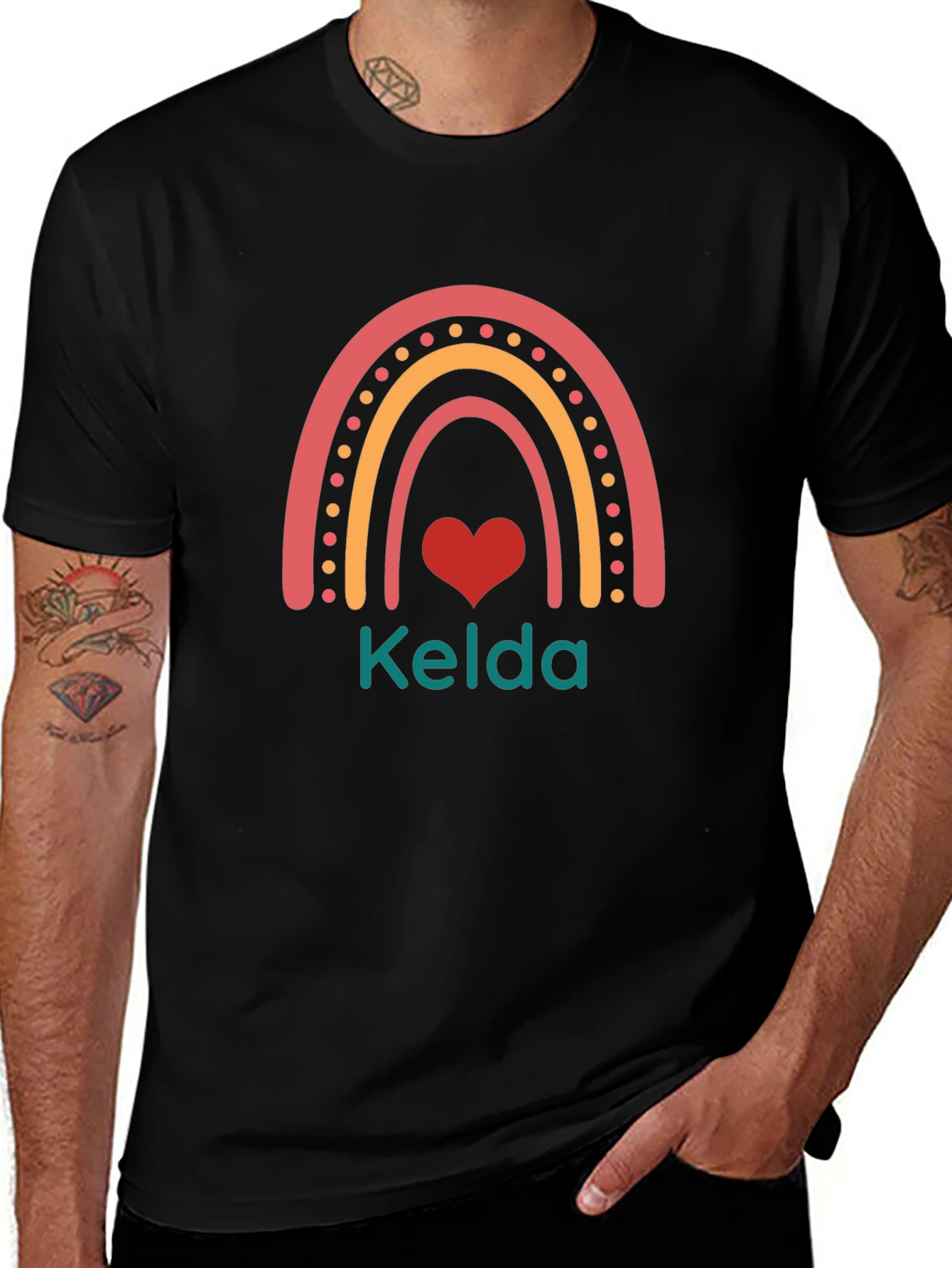 Personalized Rainbow Heart Kelda Black T-Shirt