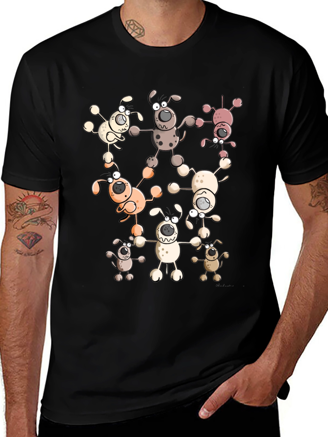 Cartoon Dog Print Black T-Shirt