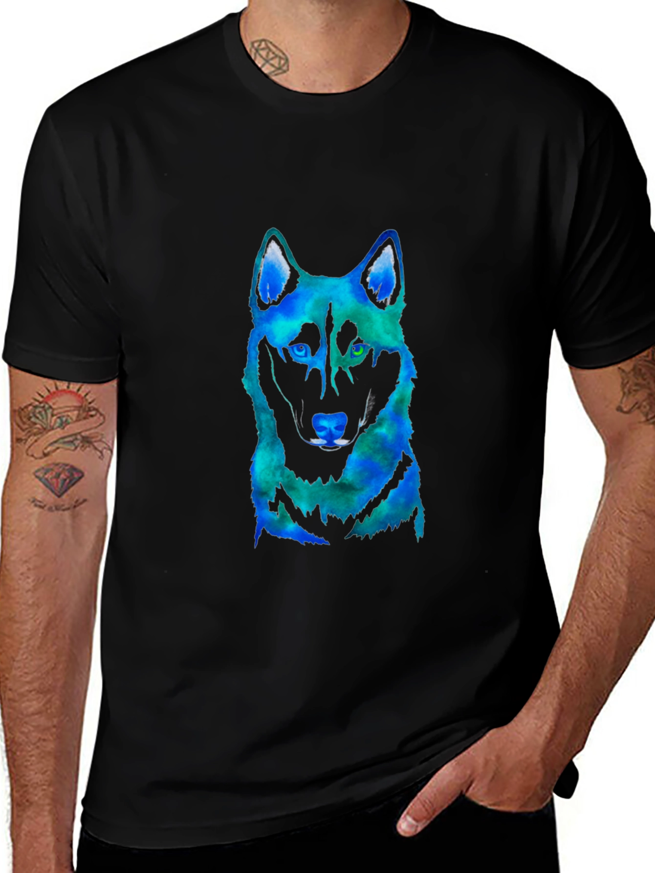 Mens Black T-Shirt with Colorful Wolf Graphic