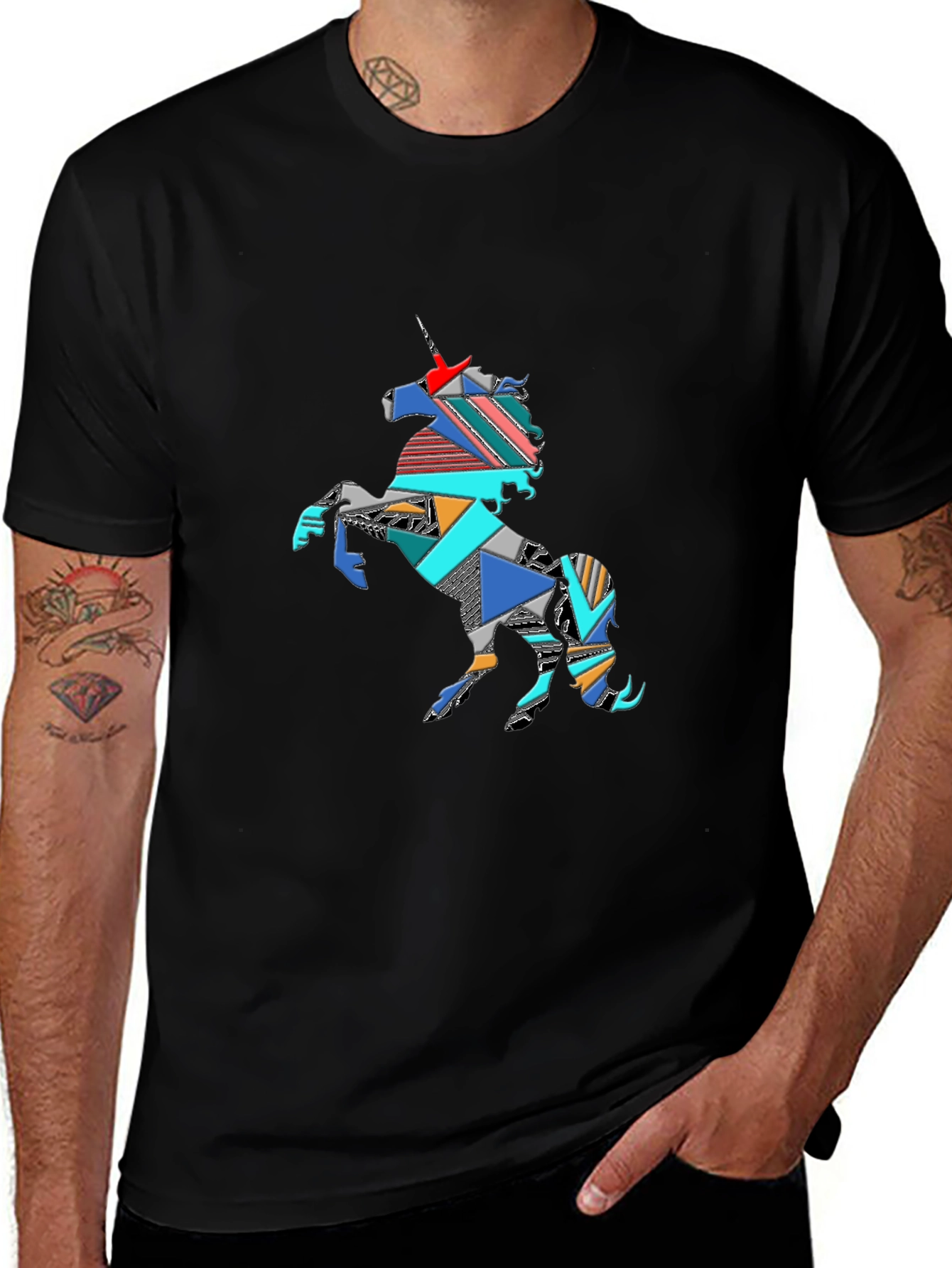 Geometric Unicorn Graphic Tee - Black Cotton