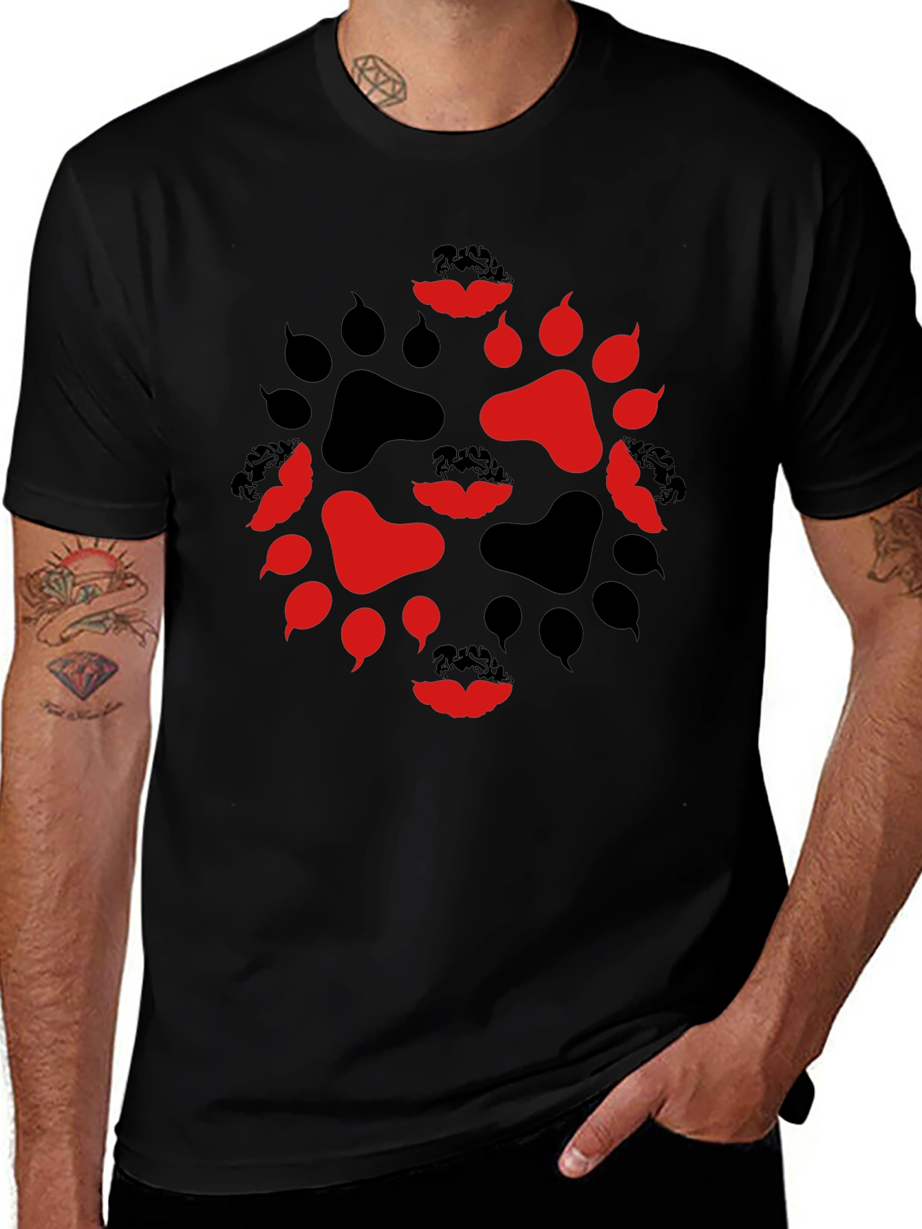 Paw Print Lips Graphic Tee - Black Cotton Blend Casual Wear