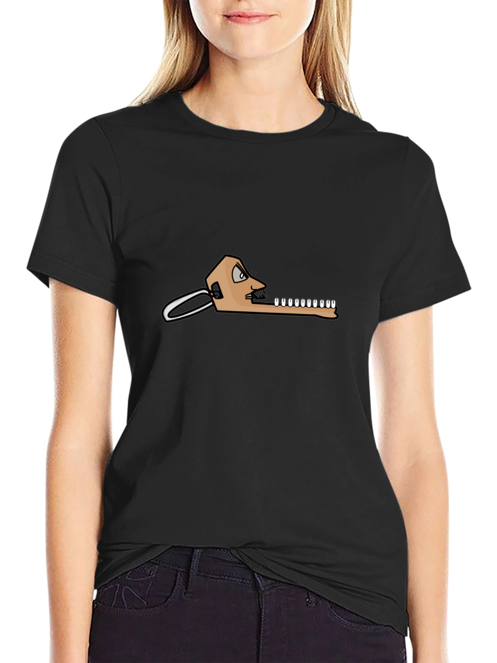 Black T-Shirt with Funny Dental Cartoon Graphic