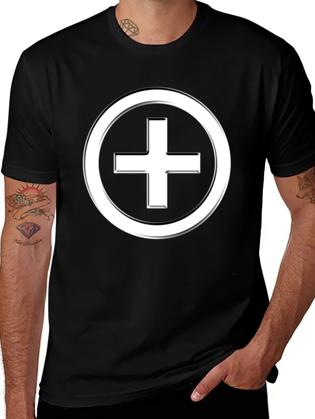 Minimalist Plus Sign T-Shirt - Black Cotton Blend
