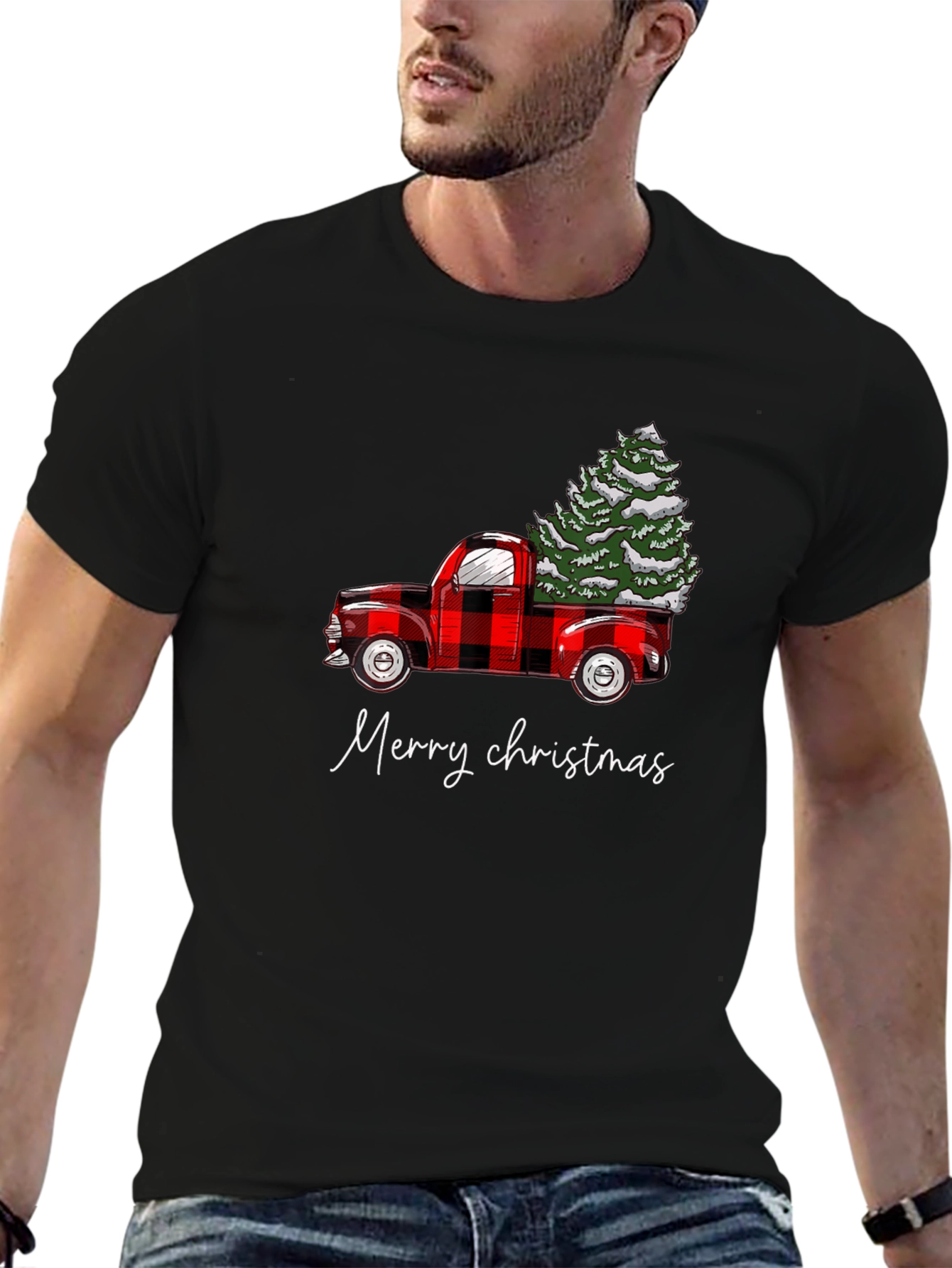 Merry Christmas Red Truck Tree Graphic Tee