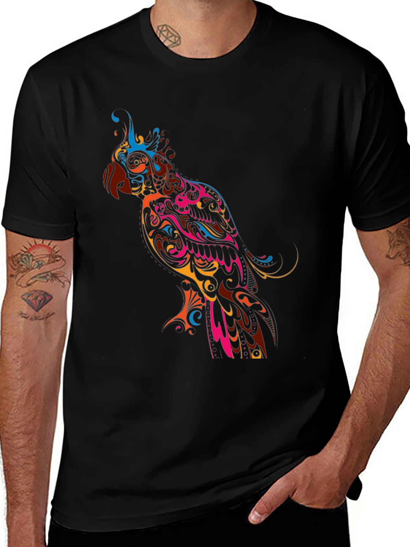 Vibrant Parrot Graphic Black T-Shirt