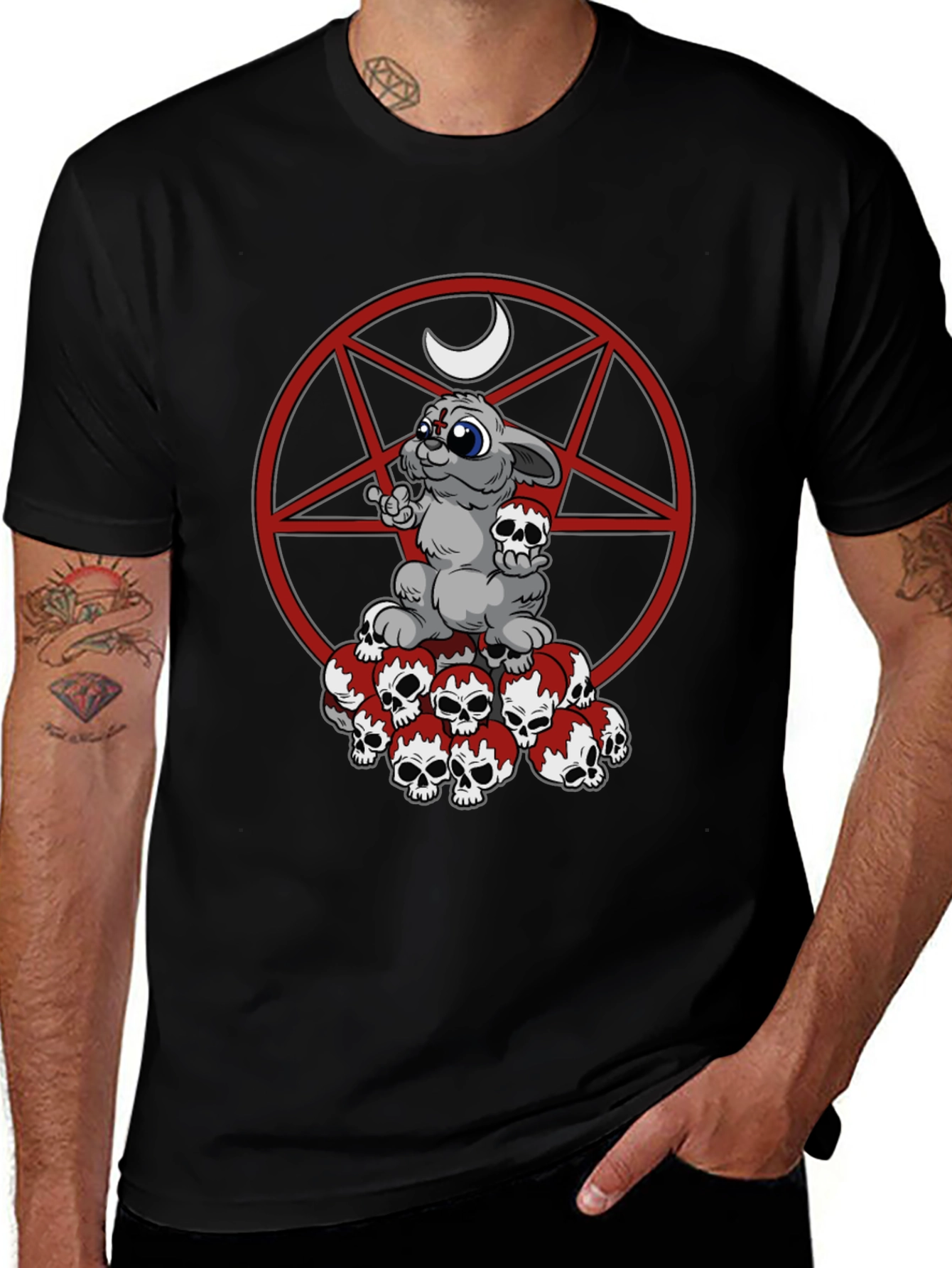 Gothic Bunny Skull Pile Tee - Dark Humor Style
