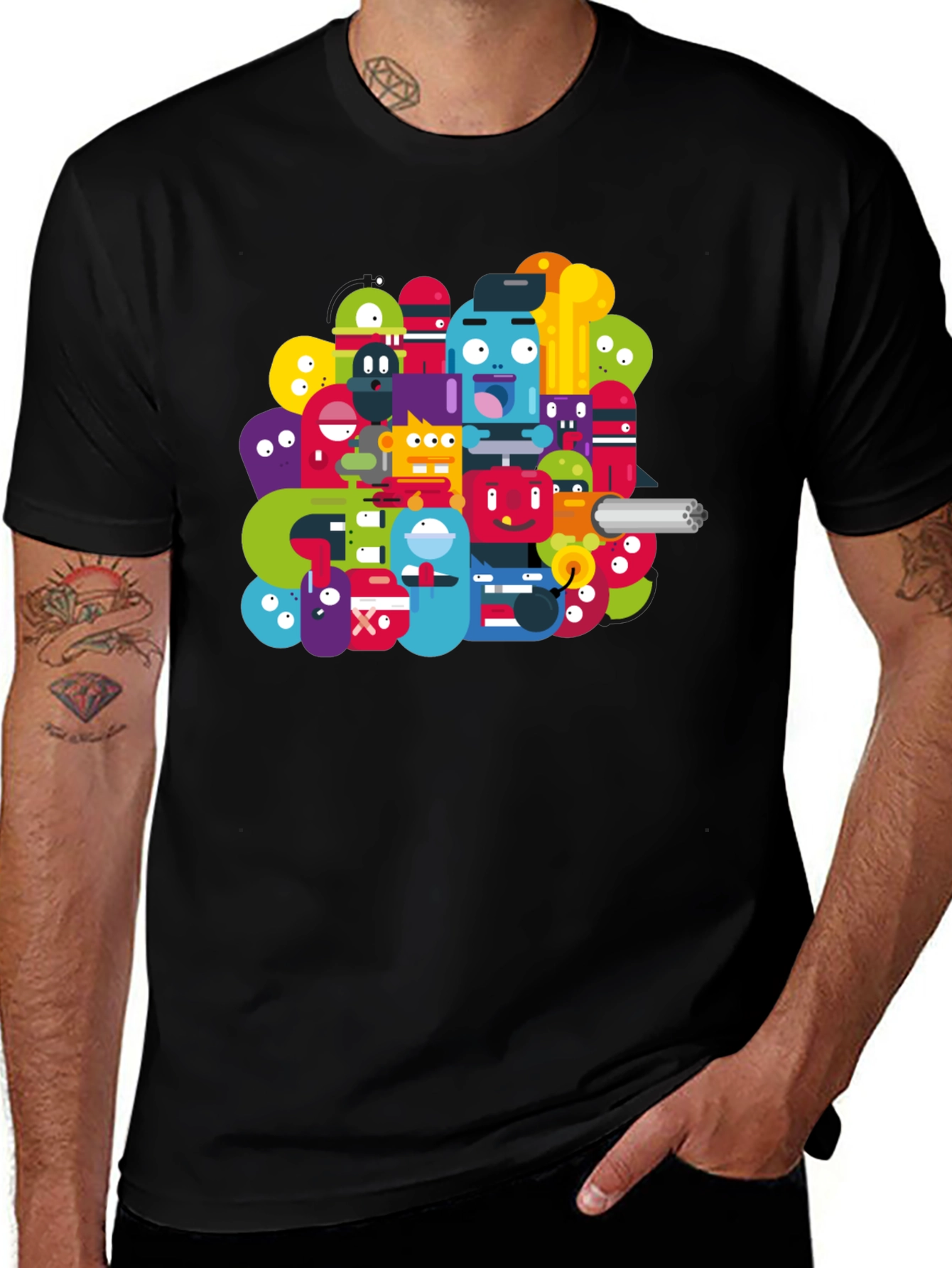 Funky Cartoon Character Graphic Black T-Shirt