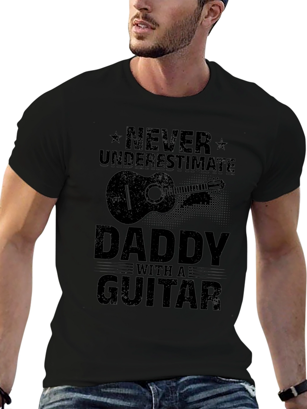 Never Underestimate Daddy with a Guitar Black T-Shirt
