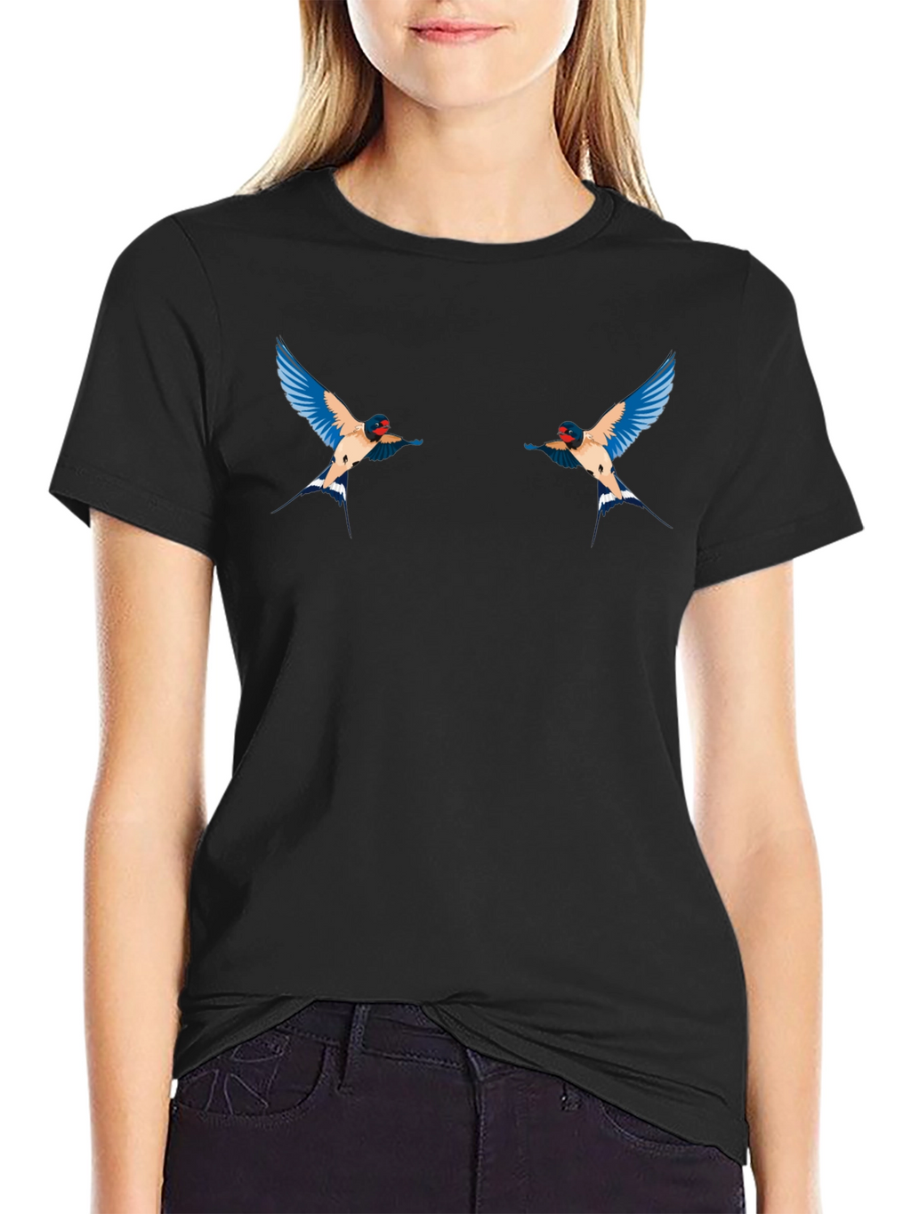 Black T-Shirt with Swallow Bird Graphic