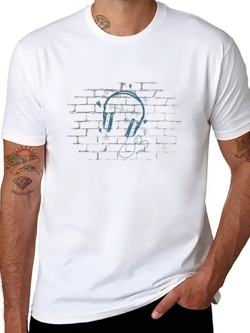 Urban Vibe Black T-Shirt with Headphones on Brick Wall