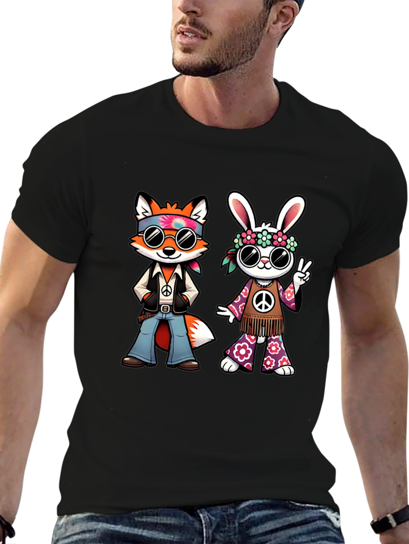 Groovy Hippie Fox & Rabbit Black T-Shirt